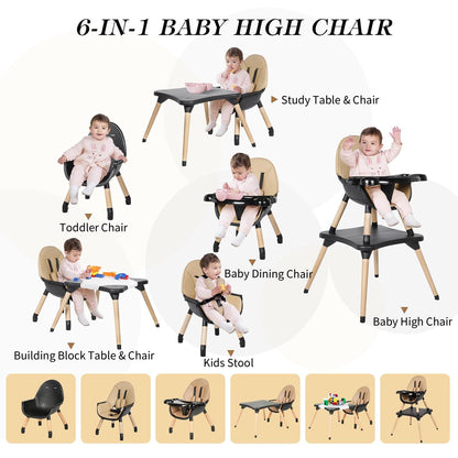 6 in 1 High Chair for Babies & Toddlers, Convertible Wooden Baby Highchair, Table and Chair Set, Baby Feeding Chair, 5-Point Adjustable Harness/4-Position Removable Tray& PU Seat Cushion (Black)