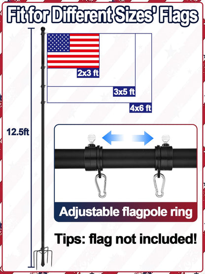 12.5ft In Ground Flag Pole for Outside House - Fit for 2 Flags Extra Thick Flag Pole Kit with 5 Prongs Base, Windproof Ground Flagpoles for Residential Small Medium Lawn Temporary Event