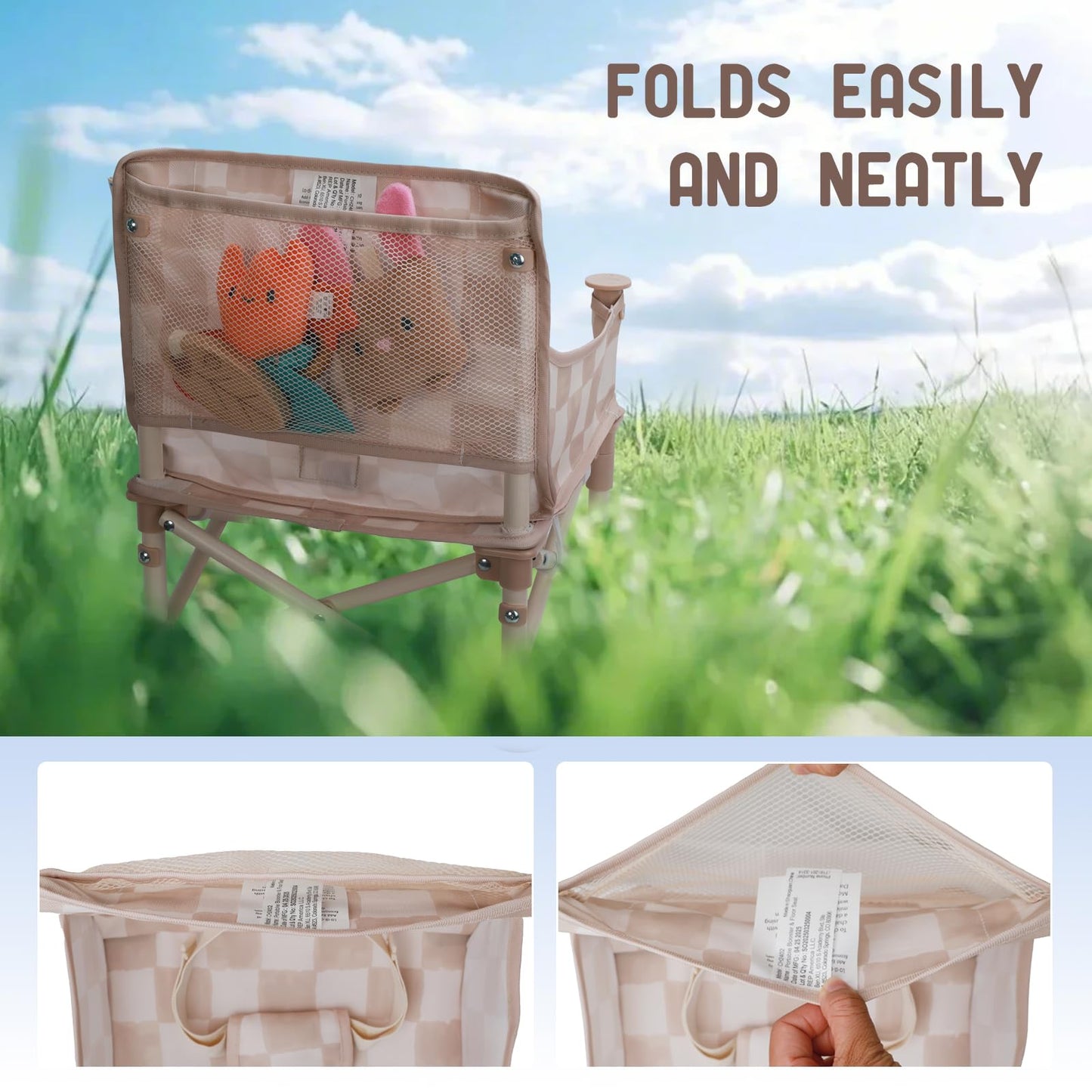 Tiny Marvels Portable 3-in-1 Baby Chair, Cozy Booster Seat, Baby Seat with Tray, Compact Foldable, Toddler Chair with Child Safety Belt Carry Bag, Perfect for Travel (Sand Checker)