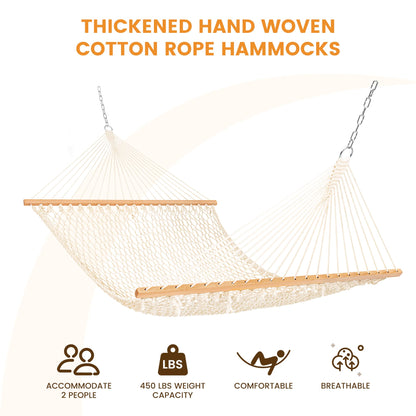 Lazy Daze Hammocks Double Rope Hammock, 2 Person Traditional Outdoor Hand Woven Cotton Rope Hammock with Spreader Bar, Carabiners, Tree Straps, Chains for Patio Yard - Max 450 Lbs, Natural