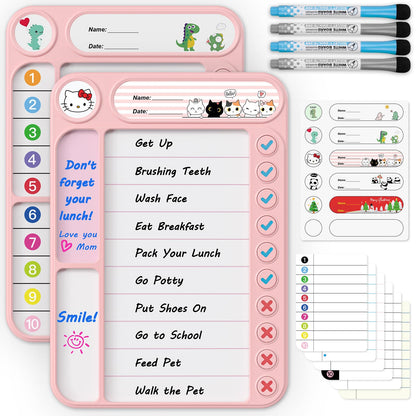 2-Pack Magnetic Chore Chart for Kids, ADHD Task Tracker Easy-Check Routine Dry Erase Board, to-Do List Planning Tool with Stand for Fridge/Desk/Home/School, 6 Reusable Sheets, 4 Markers Pink