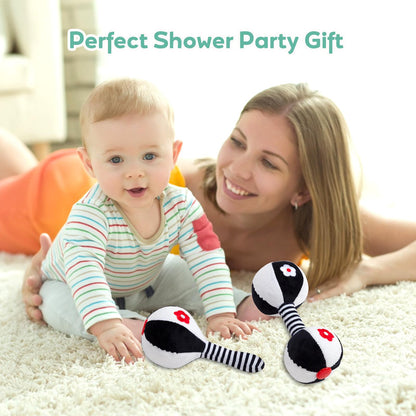 JINBOBUBU Soft Baby Rattles 0-6 Months - 2 Pack Infant Developmental Toys with Black & White Contrast | Sensory Newborn Toys for Girls & Boys | Set (BPA Free)