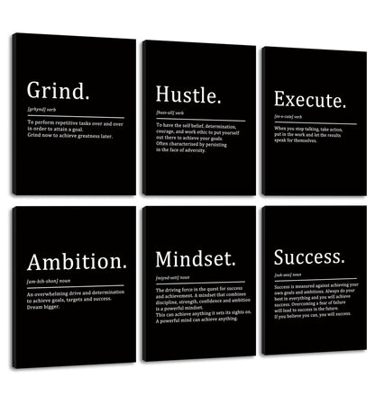 COSCTOR Set of 6 Grind Hustle Execute Ambition Mindset Success Motivational Wall Art Picture Decor Canvas Framed for Office Bedroom Inspirational Home Posters Paintings Ready to Hang(Framed,9x12)