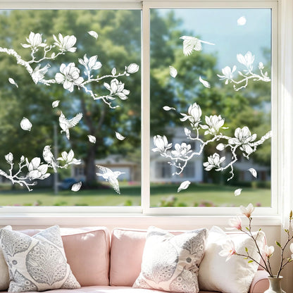 Supzone Magnolia Flower Tree Window Clings White Tree Branch Birds Window Decals Double-Sided Anti-Collision Static Stickers for Home Slide Glass Door Decoration