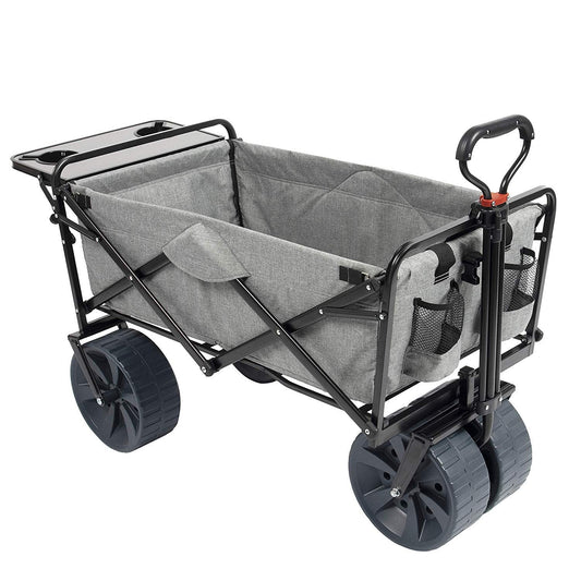 MacSports All Terrain Beach Wagon with Side Table|Heavy Duty Collapsible Folding Cart with Large Wheels for Beach Day, Picnic, Camping,Outdoor Activities | Light Gray