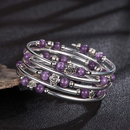 BULINLIN Wrap Bangle Rose Bead Bracelet - Beaded Bracelet with Natural Agate Stone Gifts For Women(01-Purple stone)