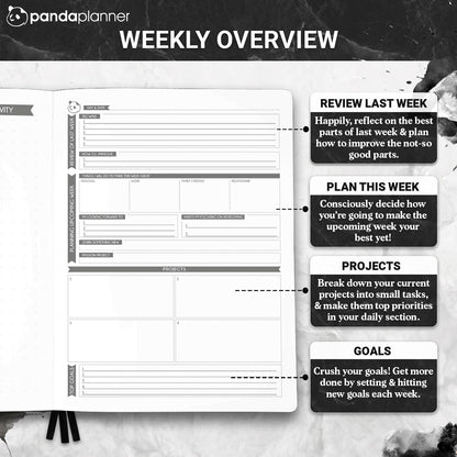 Panda Planner Weekly 2026, Undated Weekly Planner for Office, School & Home – 8"x11" Soft Vegan Leather Organizer Notebook with To-Do Lists, Habit Tracker, Notes & Agenda – Black