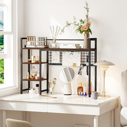 Snughome Desk Shelf, 38.6" Desktop Organizer Shelf, Desk Hutch for Computer Monitor, 4 Tier Desk Display Rack with Pegboard Hooks Set, Wood Desktop Bookshelf for Home Office Dorm