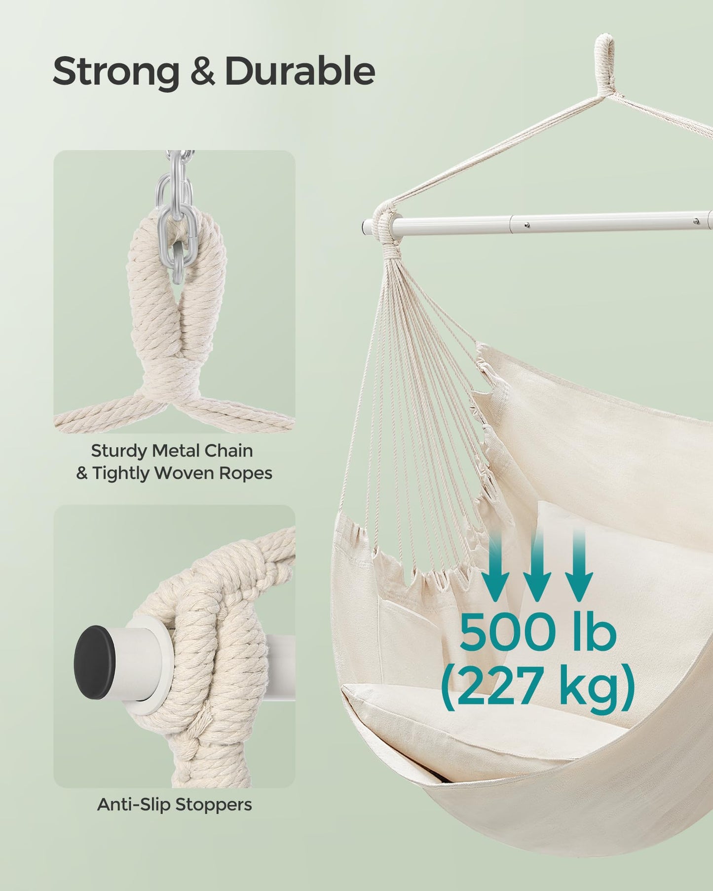 SONGMICS Hammock Chair, Load Capacity 500 lb, Hanging Chair with 2 Cushions, Large Hammock Swing with Chain and Pocket, for Indoor, Outdoor, Living Room, Bedroom, Cream White UGDC197M01