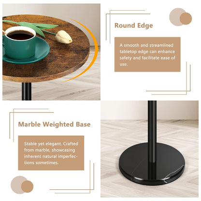 OYEAL Drink Side Table Small Round Cocktail Table for Patio Outdoor Pedestal Side Table Coffee Table with Black Marble Base for Sofa Couch, Rustic Brown & Black