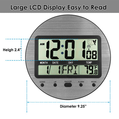 Atomic Digital Wall Clock Battery Operated, Self-Setting, Large Display with Temperature, Date, Day of The Week, Seconds, Round Wall Mount Digital Clock - 4 Time Zones, DST, Aluminum Metal Dial
