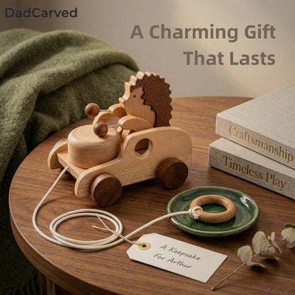 DadCarved Hedgehog Pull-Along Toy | Musical Wooden Pull Toy with Wooden Grip Ring | Natural Drumming Sound for Toddlers 1.5+ Years