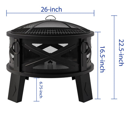 Fire Beauty 26"Steel Fire Pit with Grill Grate&Spark Screen,360° Airflow Boost Technology,Less Smoke,Larger Flames,Heavy-Duty Portable Camping Fire Pit for Backyard,Beach,RV (22lbs,4 Handles,Dual-Use)