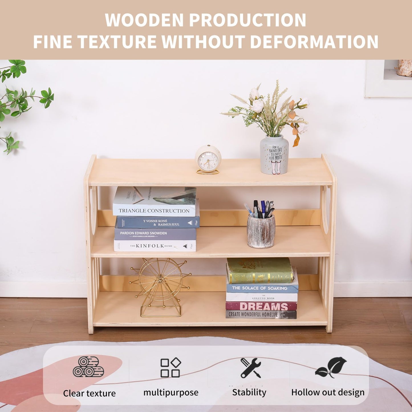 Montessori children's bookshelves, toy shelves, wooden storage and organization shelves, sturdy and safe kindergarten classroom furniture bookcases （3Tier）
