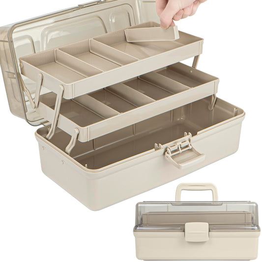 TERGOO 12.5in 3-Layer Multipurpose Craft Organizers and Storage with Adjustable Dividers, Portable Tackle Box, Folding Art & Craft Case for Medicine, Tool, Sewing Organizer (Brown)