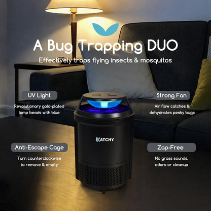 Katchy Indoor Flying Insect Trap – Catcher & Killer for Mosquitoes, Fruit Flies, Gnats & Moths – Non-Zapper with Suction & Blue Light – Ideal for Indoor Spaces, Kitchens & Plants (Original, Black)