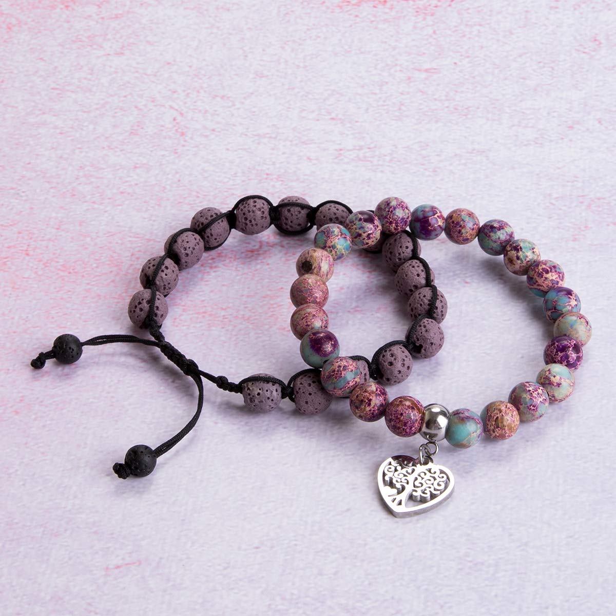 Bivei Life Tree Bracelet - Lava Stone Essential Oil Gemstone Beaded Yoga Meditation Regalite Stone Beach Charm Bracelet Set(Purple)