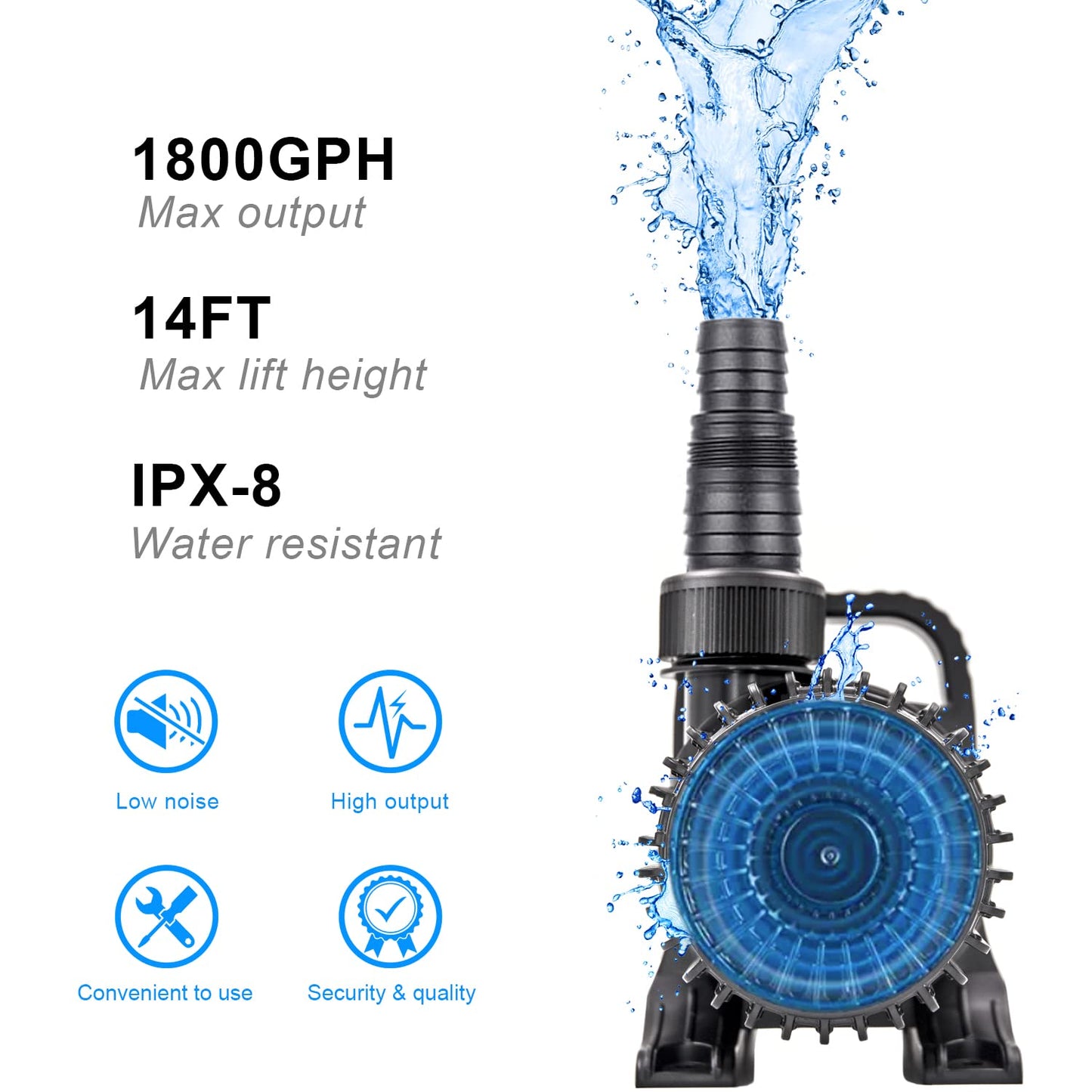 OYO WATER Outdoor 1800Gph-100W 32.8FT Small-Pond Water-fall & Kio Fish Fountain-s &Garden Pump Submersible IPX8: Long 32.8FT Cord Smart-er & Quieter Duck & Yard &Patio Ponds Pumps, 1 Barrier Pump Bag