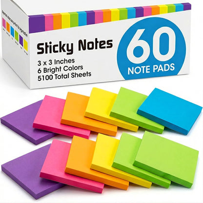 Woswel Sticky Notes Bulk 3 x 3 in, 60 Pads Adhesive Paper Memo, 85 Sheets/Pad, 6 Bright Colors, Self-Stick Notes, Easy to Post for Home, Office, School