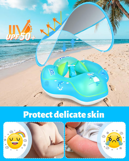 LAYCOL Baby Pool Float with Canopy UPF50+, 5 Point Safety Buckle No Flip Over, Inflatable Toddler Floaties Infant Pool Floats with Double Air Chambers, Baby Beach Essentials/Traval for 3-36M Blue S