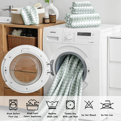 12 Pcs Green White Diamond Towel Set-4 Bath Towels,4 Hand Towels,4 Washcloths Soft Polyester Towels with Loop Absorbent Shower Towel Quick Dry Beach Chair Towel Family Towels for Bathroom Spa Gym Pool