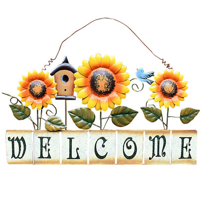 Sunflower Welcome Sign Metal Hanging Welcome Plaque for Wall Front Door - Decorative Flower Yard Signs Spring Wreath Decor for Garden Porch Patio Backyard (D)