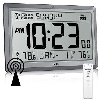 HODIK Wall Clock Atomic with Indoor Outdoor Temperature Battery Powered, Easy Reading with 10.5 Inch LCD Display, 330FT Range Table Wall Clock with DST, 12/24 Hour for Living Room Kitchen (Silver)