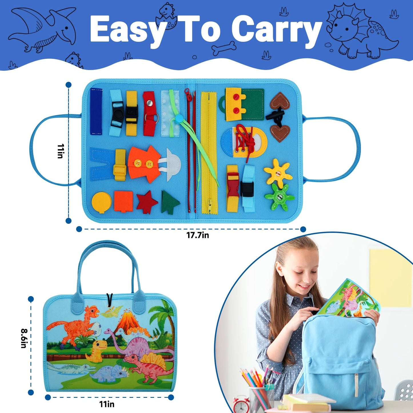 MEGRANATE Montessori Busy Board, Baby Busy Book Educational Learning Toys for Toddlers Quiet Book Activity Books Buckle Toy Fine Motor Skills Toys for 3+ Year Old Kids (Blue)