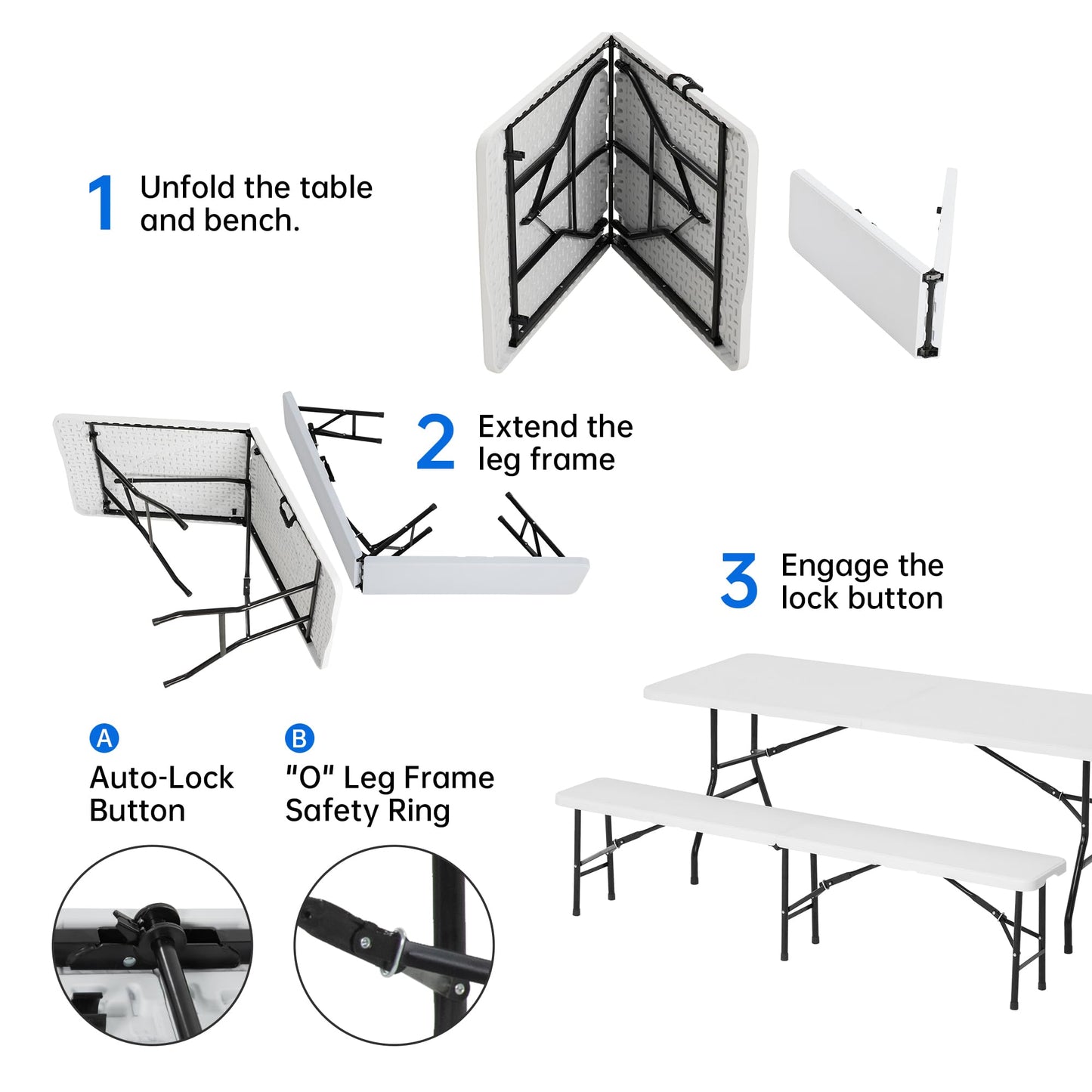 Winlice 6 FT White Picnic Folding Table Set with 2 Benches, Portable Patio Dining Sets for Backyard, Lawn, Event, Party, Camping