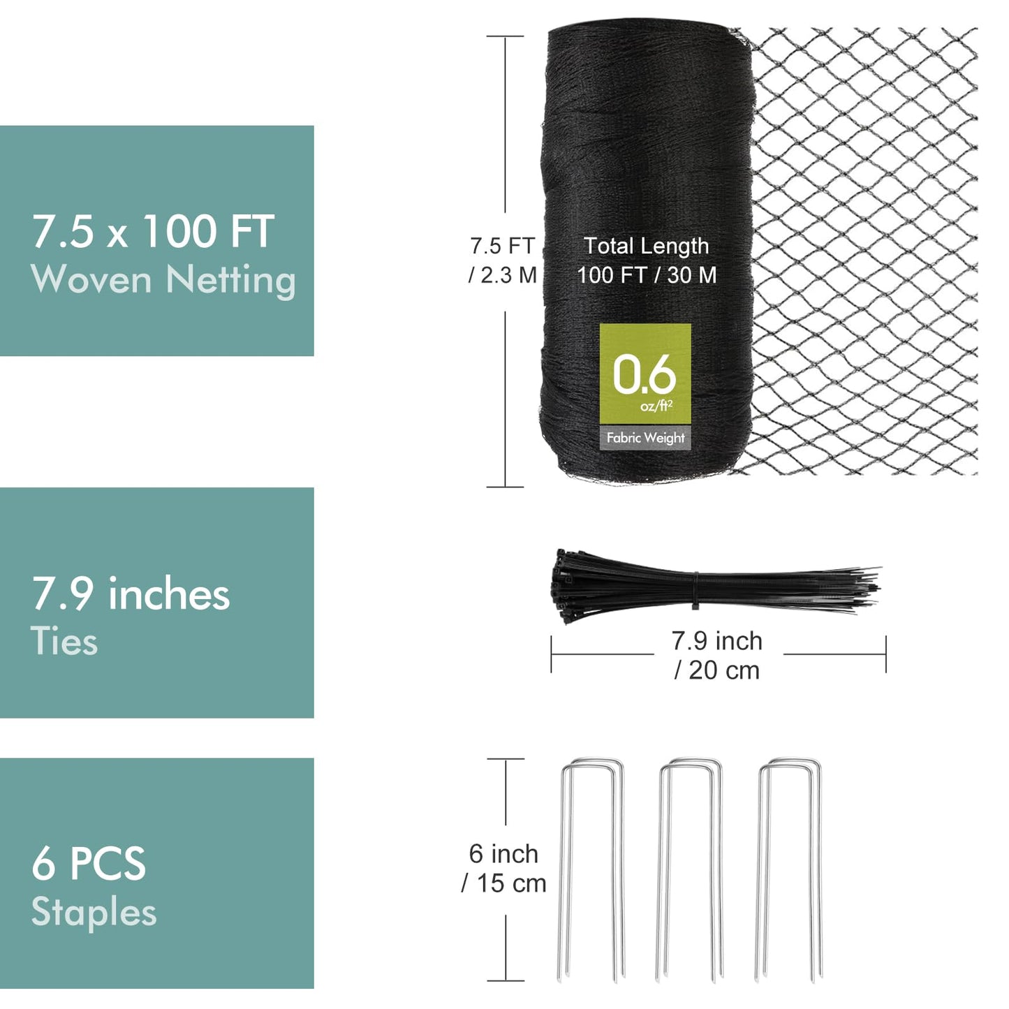 Bird Netting for Garden, Fetanten 7.5 x 100 FT Netting for Garden Protection Vegetables Fruit Trees Blueberry from Birds Deer Poultry, Heavy Duty Woven Mesh Net Animal Fencing with Ties and Staples