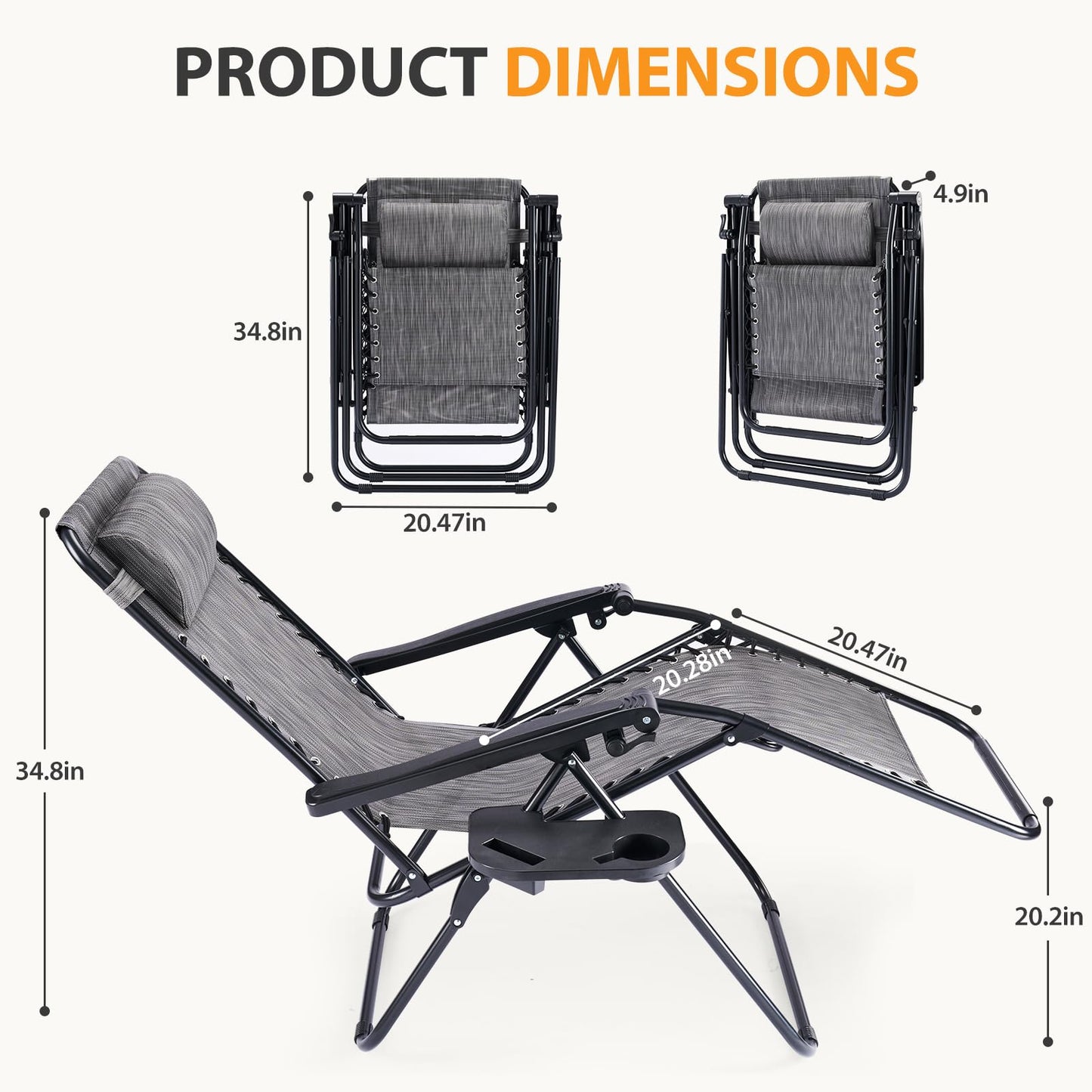 NEWBULIG Zero Gravity Chair Set of 2, Lounge Chair Folding Portable Adjustable Camping Reclining Chairs with Adjustable Pollow, Mesh Back, Cup Holder Trays Lawn Patio Chair for Pool Beach - Grey