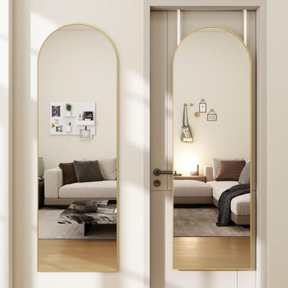 JAWGLOW Arched Full Length Door Mirror 14x48, Metal Frame with Protective Film, No-Drilling Hanging or Wall Mount, Hooks & Hardware Included, Full Body Mirror for Bedroom, Dorm, Gold