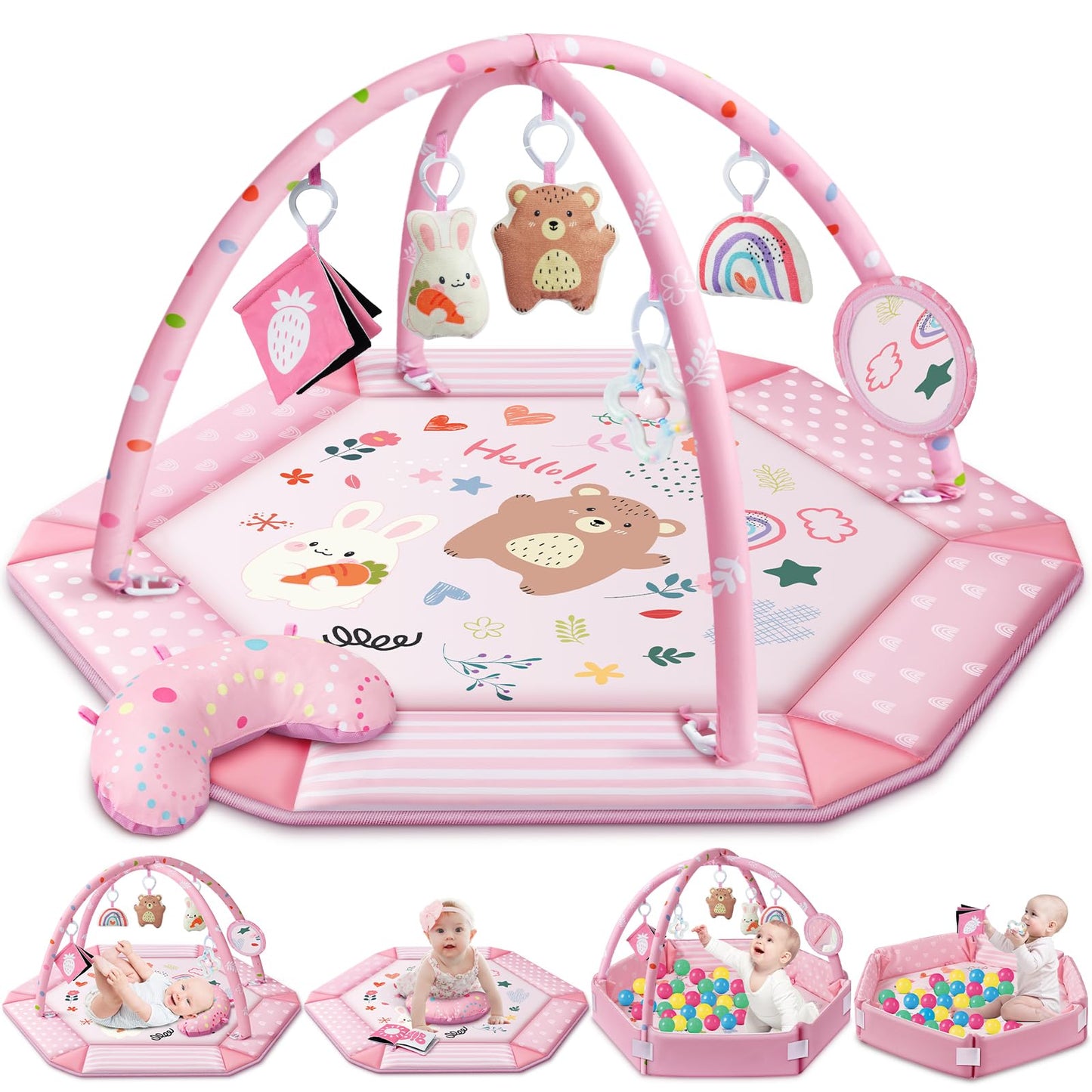 Baby Gym Play Mat, 8-in-1 Tummy Time Mat & Ball Pit with 6 Toys, Washable Baby Activity Mat for Visual, Hearing, Sensory, Motor Development, Babies Gift for Newborn Infant 0-3-6-9-12 Months (Pink)