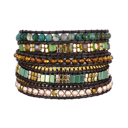 Plumiss Boho Handmade Green Stylish Natural Stone Crystal Hematite Stainless Steel Chain Mixed 5 Wrap Bracelet for Women Men