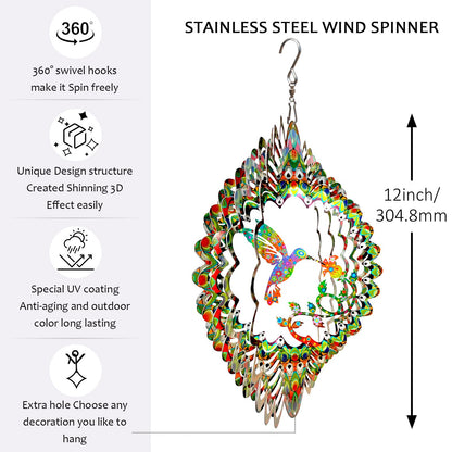 Aoedelyart Hummingbird Wind Spinner for Yard and Garden,12in 3D Wind Spinner Hummingbird Gift for Women/Mother/Father/Men,Hanging Bird Wind Catchers Kinetic Yard Art Ornaments Outdoor Wind Sculptures