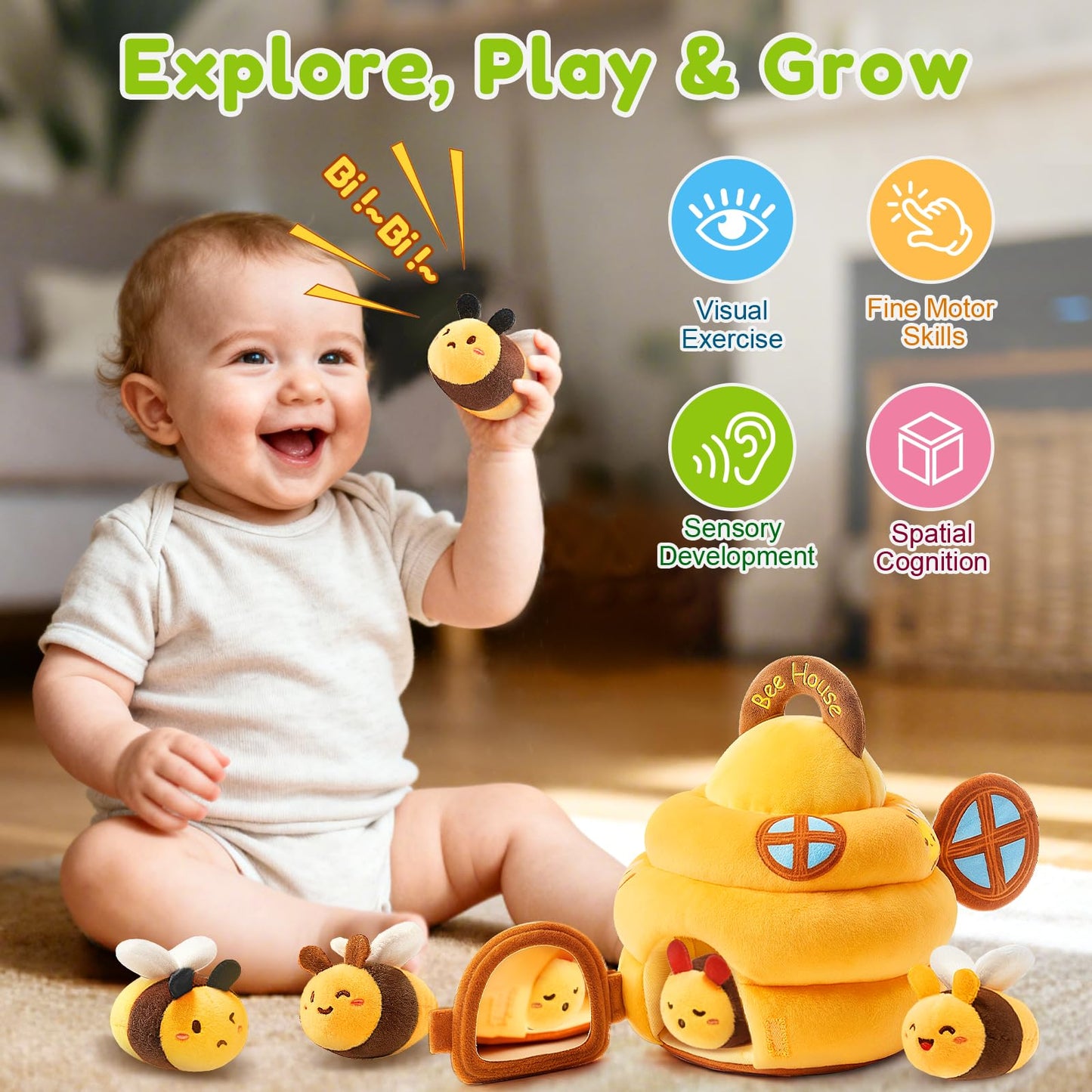 Baby Toys 6-12 Months - Soft Beehive Infant Toy with 5 Sensory Bees, Rattle, Crinkle, Squeaker, Mirror & Music, Montessori Toys for Babies 3 6 9 12 18 Months, Baby Boys Girls Christmas Birthday Gifts