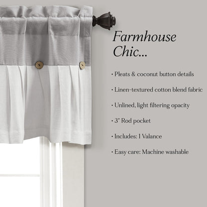 Lush Decor Linen Button Farmhouse Valance Curtians 52"W x 18"L Gray & Off White - Linen Valances For Windows - Kitchen Curtains Valances