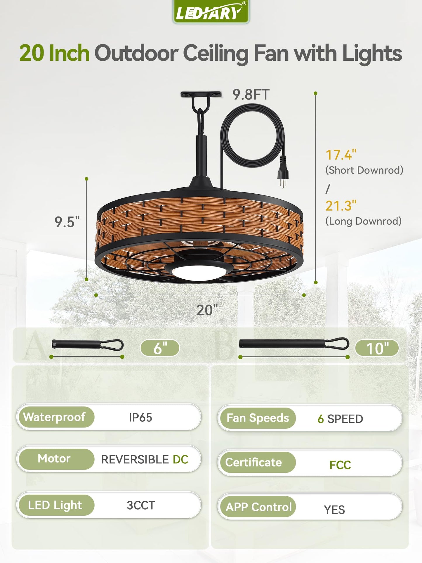 LEDIARY 20" Outdoor Ceiling Fans with Light for Patios, IP65 Waterproof Gazebo Fan, Boho Rattan Plug in Ceiling Fan Remote&APP Control, 3CCT Dimmable, 6-Speeds, Caged Fan for Gazebo,Patio,Porch