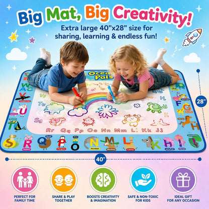 ANIMOLDS Water Doodle Mat for Kids, Large 40 x 32 Aqua Magic Reusable Drawing Mat, Mess Free Coloring & Writing Toy, Educational Gift for Toddlers Boys Girls