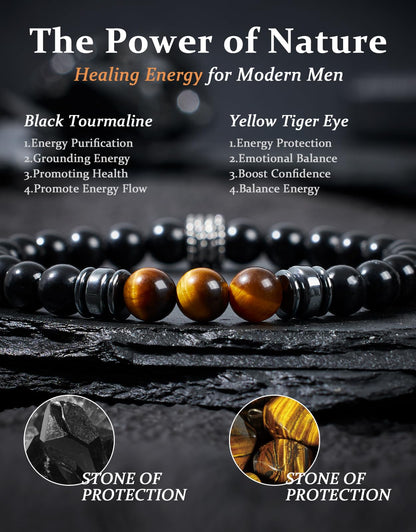 Landorilo Gifts for Men, 8mm Natural Stone Beaded Bracelets, Black Tourmaline & Tiger's Eye Healing Bracelet, Handmade Mens Jewelry Gift for Him, Husband, Son, Father, Friend(To My Son-8.3in)