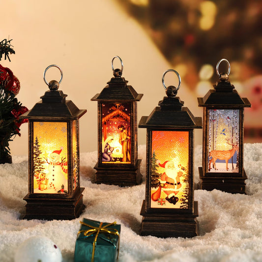 Christmas Lantern Decorations Christmas Lighting Decorations Christmas Tree Decoration Home Decor Small Candle Lanterns, Holiday Decoration Gifts for Family, Children, or Friends（4-Pack）