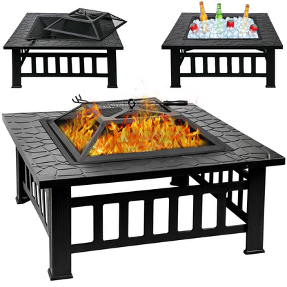 Quilushey 32 Inch Fire Pit Table with Fire Poker & Spark Screen, Outdoor Burning Fire Pits, 3 in 1 Metal Square Firepit Stove for Outside Heating, Bonfire Party, Camping, Patio, Garden