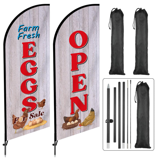 2 Sets Farm Fresh Eggs Feather Flag for Businesses Fresh Eggs Themed Swooper Banner Sign with Carbon Fiber Pole and Ground Stake Portable Bag Advertising Flag Banner for Business Advertising Outside