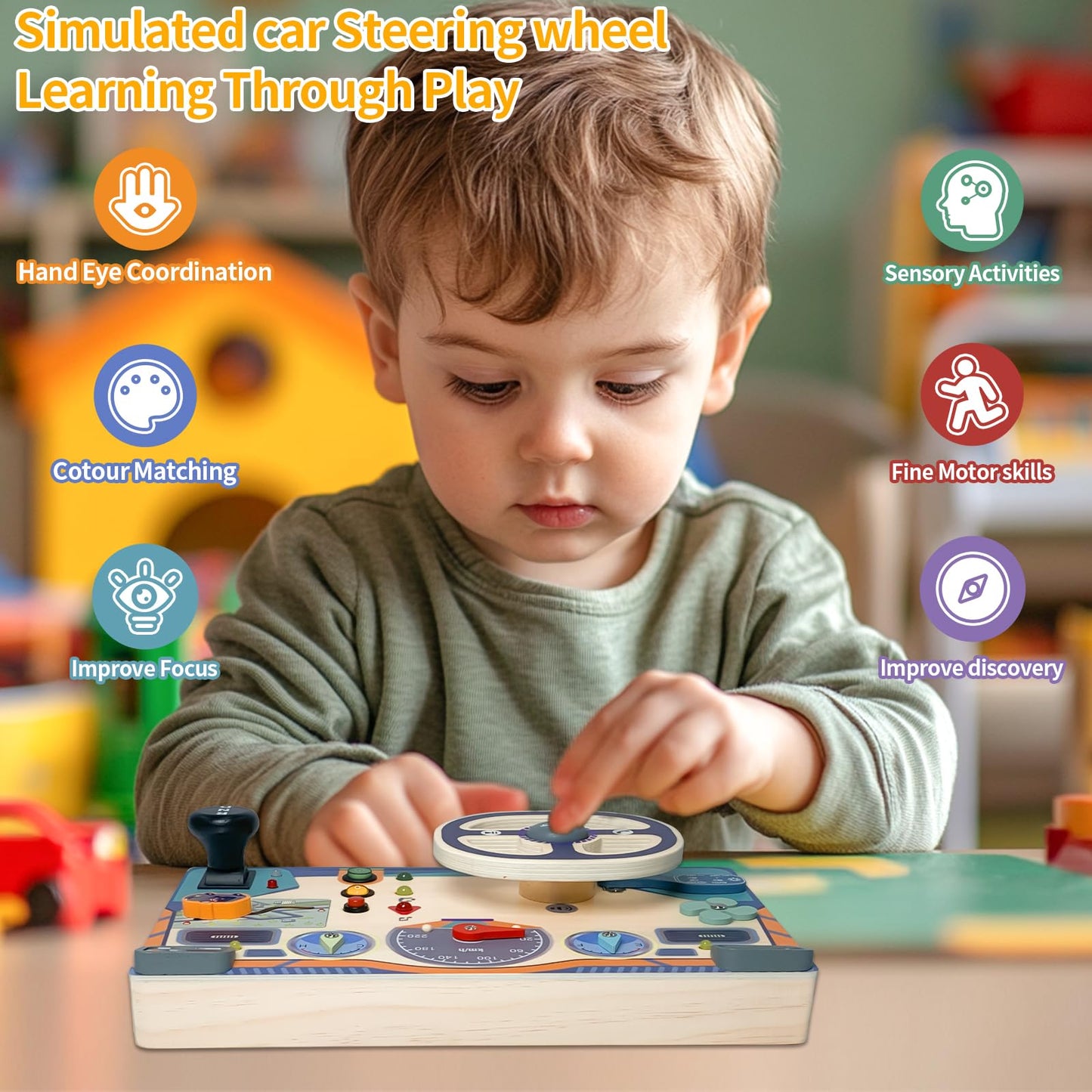 ZJEFUNS Montessori Toddler Toys Busy Board with Led Light Interactive Wooden Dashboard Steering Wheel for 1 2 3 4 Year Old Sensory Toys Toddler Activities for Boys Girls Gift