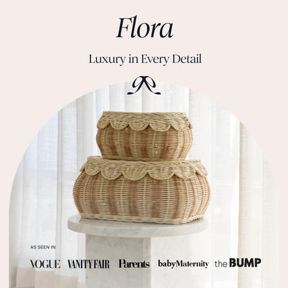 BEBE BASK The Original Scalloped Basket with Lid – Set of 2 (15 x 11 x 6 in) – Hand-Woven Rattan Scalloped Wicker Basket with Lid, Storage Baskets with Lids for Organizing (Stripey)