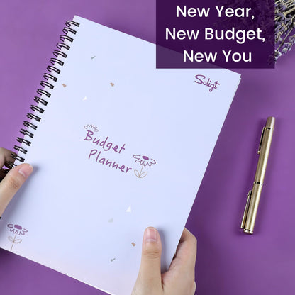 Monthly Budget Planner Book (Undated) with 12 Pockets for Income, Debt, Saving, Expense and Bill Tracker Organizer, Purple, Spiral Design