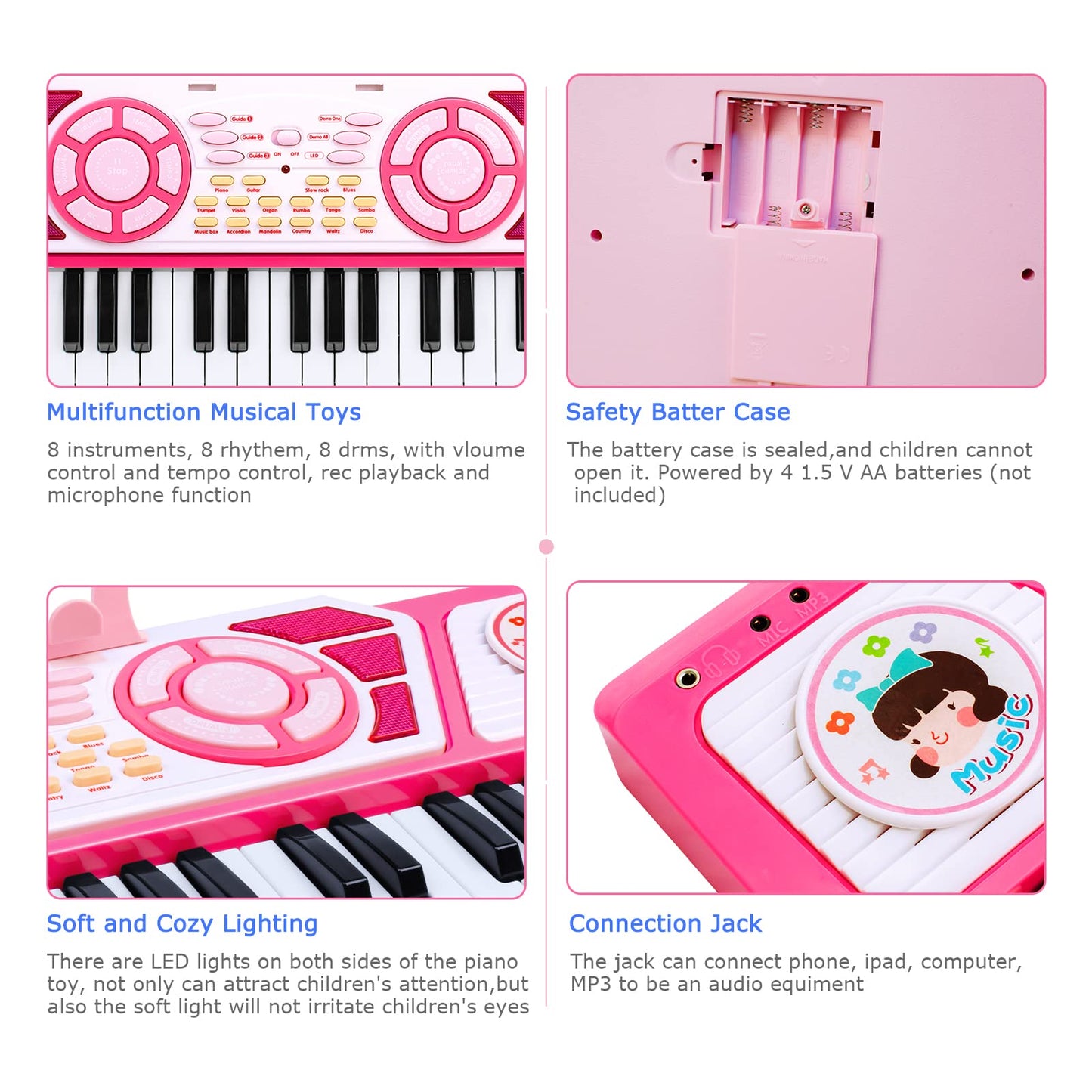 Love&Mini Kids Piano Keyboard - 49-Key Baby Piano with Earphones & Microphone, Educational Music Toy with Dual Speakers for Quiet Practice & Singing, Birthday Xmas Gift for 3-9 Year Old Girls