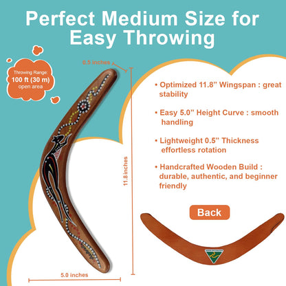 Boomerang Native Art 12-Inch Australian Wooden Boomerang | Handcrafted Kangaroo Cultural Art | Plantation Timber | Adult Sport & Decorative Display Collectible