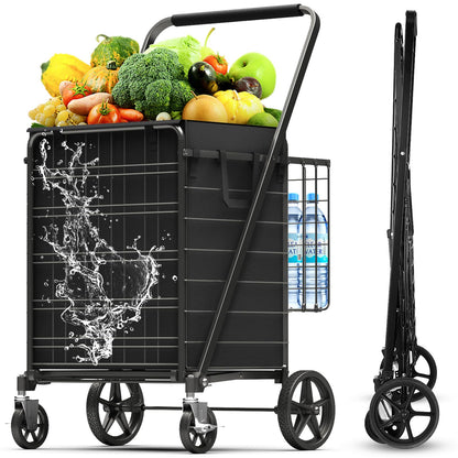 XING LANG 5.0 Cu Ft Folding Shopping Cart - 480 LB Capacity Grocery Cart with 360° Braked Swivel Wheels - Heavy Duty Utility Cart with Double Basket & Removable Waterproof Liner with Lid for Laundry
