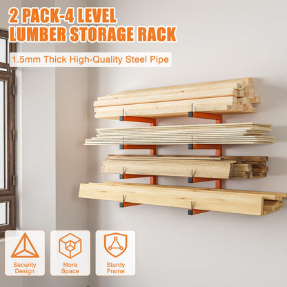 2-Pack Lumber Storage Rack, Wood Storage Racks Wall Mount, Heavy Duty Garage Wood Organizer With 4-Level System, Orange Utility Rack Organization Up 800 Lbs, Metal Lumber Shelf for Indoor and Outdoor